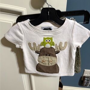 White and Brown Kids Shirt with Moose and Owl Design and khaki shorts